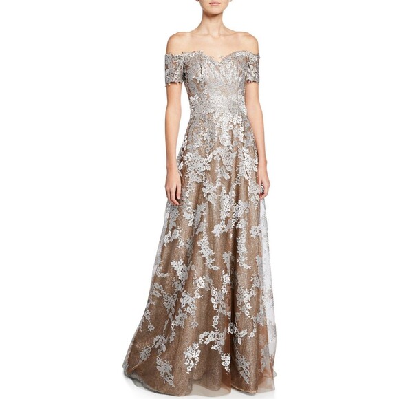 Rene Ruiz Neiman Marcus Sweetheart Metallic Lace Formal Dress Gold Women’s 18 - Picture 3 of 16